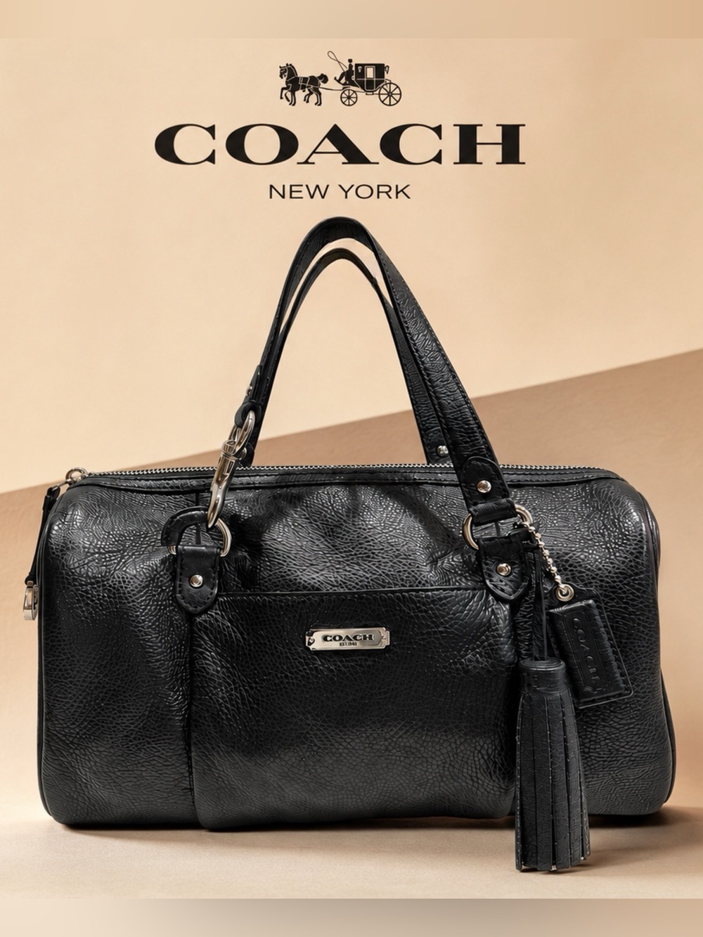 Vintage Coach Black Pebbled Leather Satchel with Tassel Charm